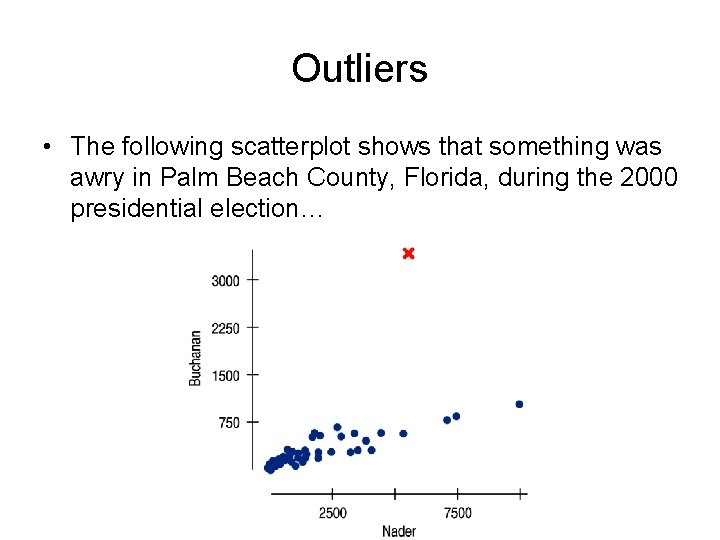 Outliers • The following scatterplot shows that something was awry in Palm Beach County,