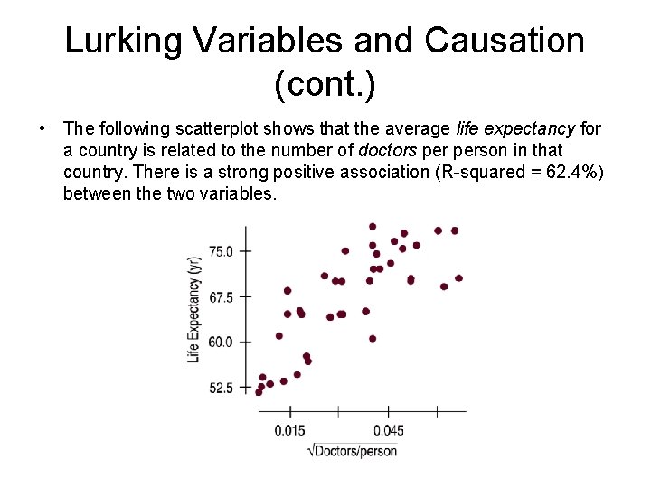 Lurking Variables and Causation (cont. ) • The following scatterplot shows that the average