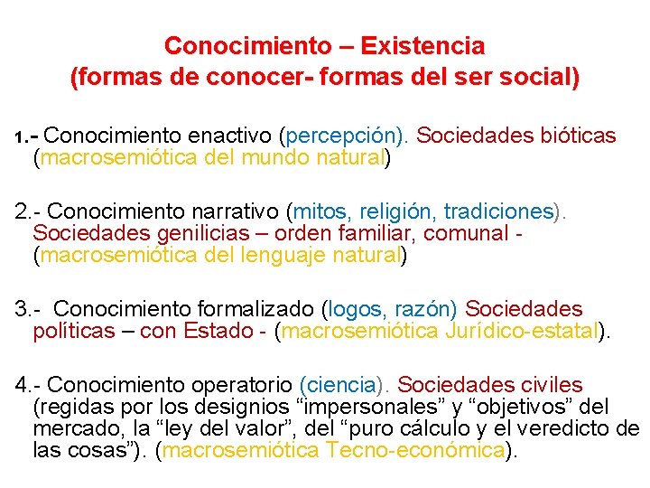 Conocimiento – Existencia (formas de conocer- formas del ser social) 1. - Conocimiento enactivo