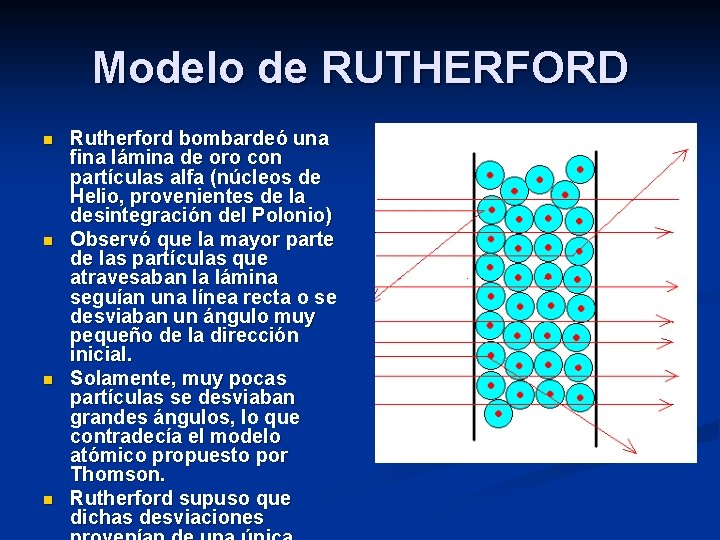 Modelo de RUTHERFORD n n Rutherford bombardeó una fina lámina de oro con partículas