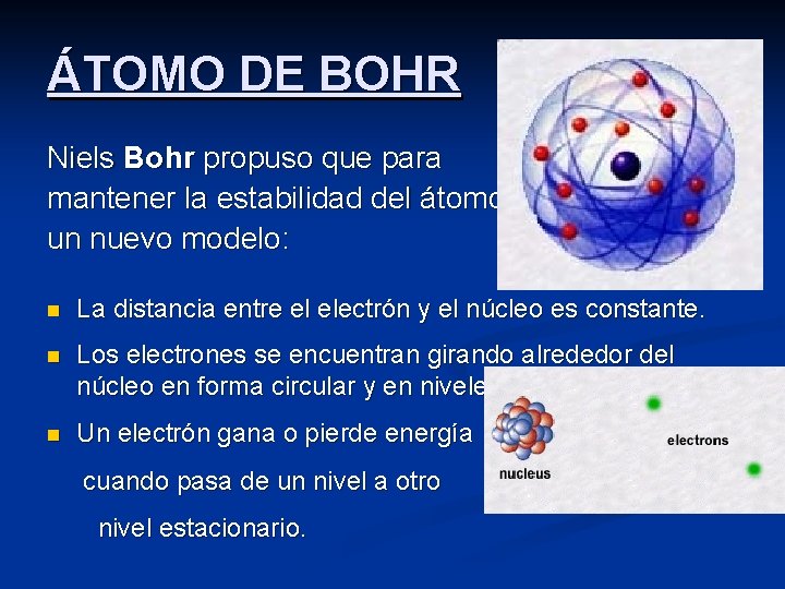 ÁTOMO DE BOHR Niels Bohr propuso que para mantener la estabilidad del átomo, un