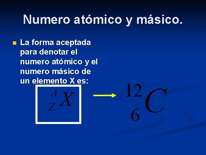 Numero atómico y másico. n La forma aceptada para denotar el numero atómico y