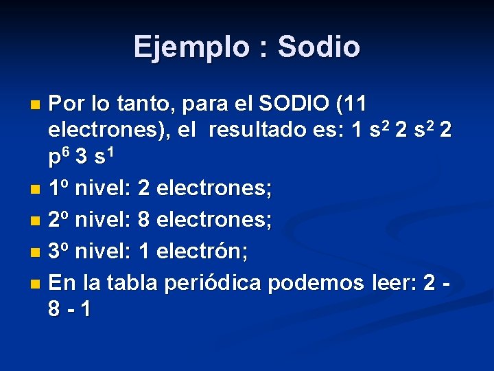 Ejemplo : Sodio Por lo tanto, para el SODIO (11 electrones), el resultado es: