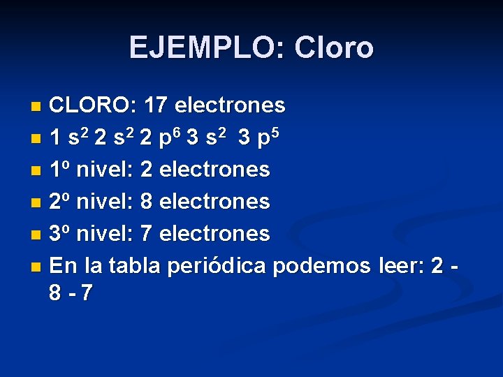 EJEMPLO: Cloro CLORO: 17 electrones n 1 s 2 2 p 6 3 s