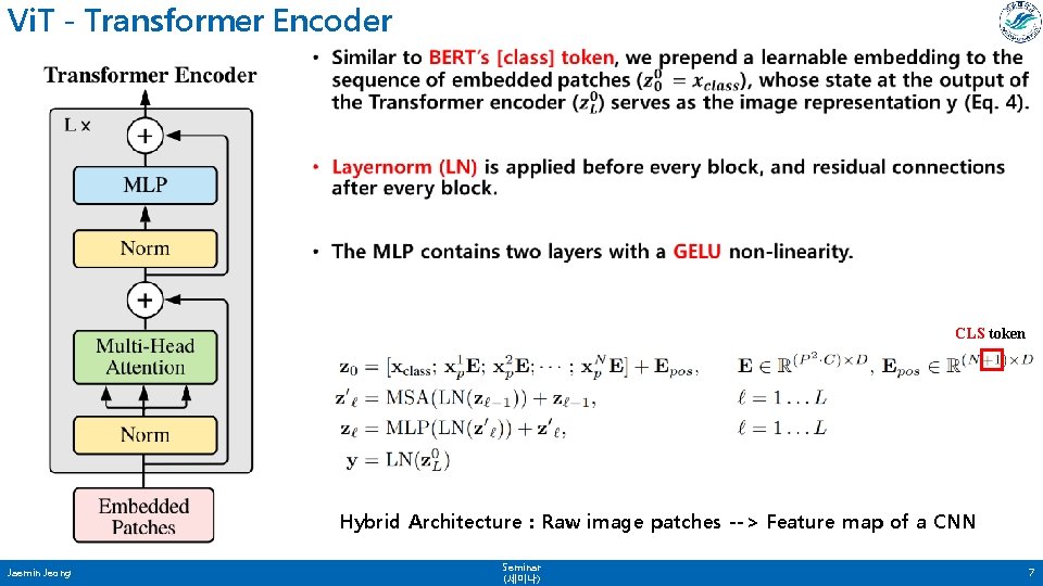 Vi. T - Transformer Encoder • CLS token Hybrid Architecture : Raw image patches Vi. T - Transformer Encoder • CLS token Hybrid Architecture : Raw image patches
