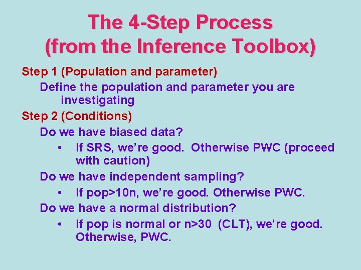 The 4 -Step Process (from the Inference Toolbox) Step 1 (Population and parameter) Define