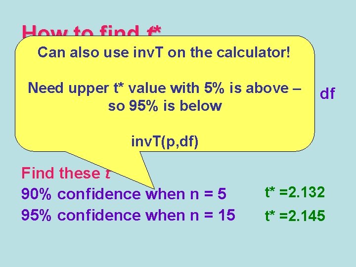 How to find t* Can also use inv. T on the calculator! • Use