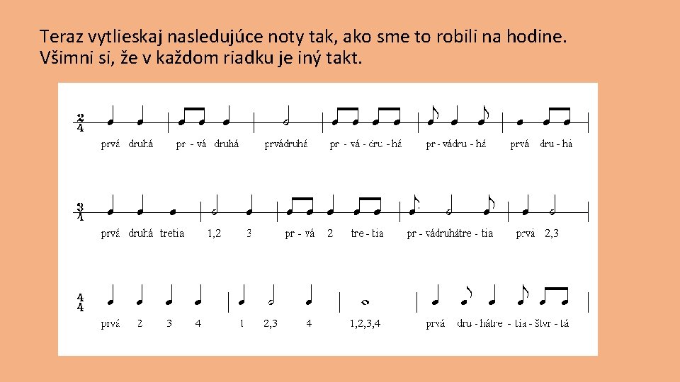 Teraz vytlieskaj nasledujúce noty tak, ako sme to robili na hodine. Všimni si, že