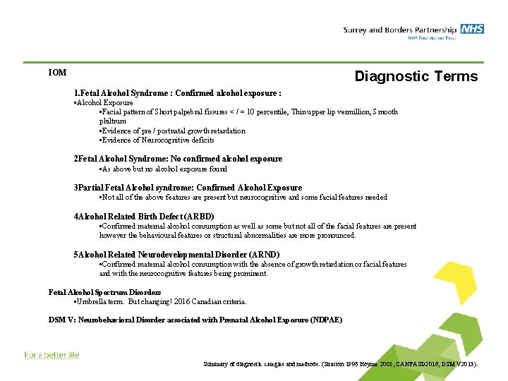 Diagnostic Terms IOM 1. Fetal Alcohol Syndrome : Confirmed alcohol exposure : • Alcohol