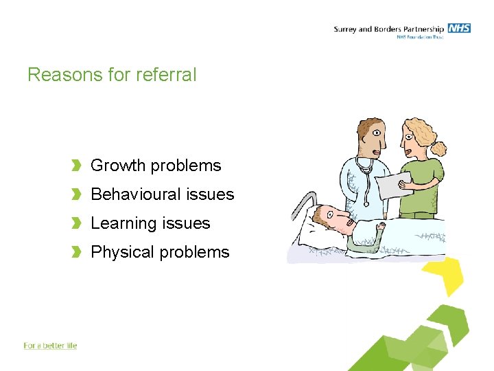 Reasons for referral Growth problems Behavioural issues Learning issues Physical problems 