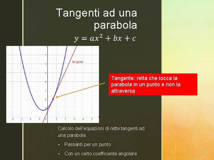 Tangenti ad una parabola Tangente: retta che tocca la parabola in un punto e