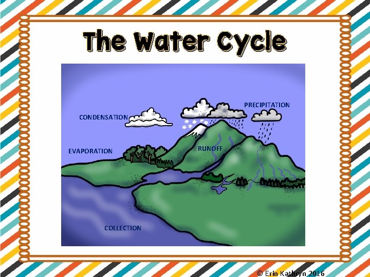 The Water Cycle PRECIPITATION CONDENSATION EVAPORATION RUNOFF COLLECTION © Erin Kathryn 2016 