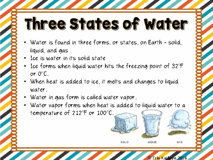 Three States of Water • Water is found in three forms, or states, on