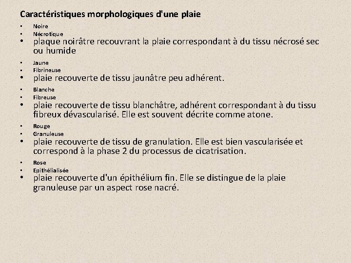 Caractéristiques morphologiques d'une plaie • • Noire Nécrotique • • Jaune Fibrineuse • •