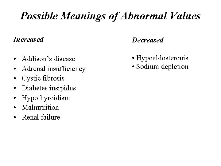 Possible Meanings of Abnormal Values Increased Decreased • • Hypoaldosteronis • Sodium depletion Addison’s