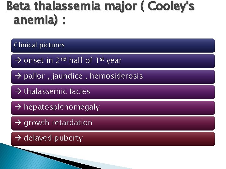 Beta thalassemia major ( Cooley's anemia) : Clinical pictures onset in 2 nd half