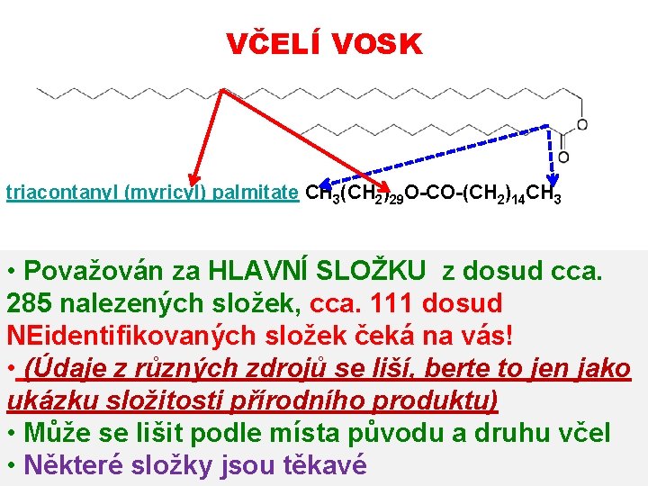 VČELÍ VOSK triacontanyl (myricyl) palmitate CH 3(CH 2)29 O-CO-(CH 2)14 CH 3 • Považován