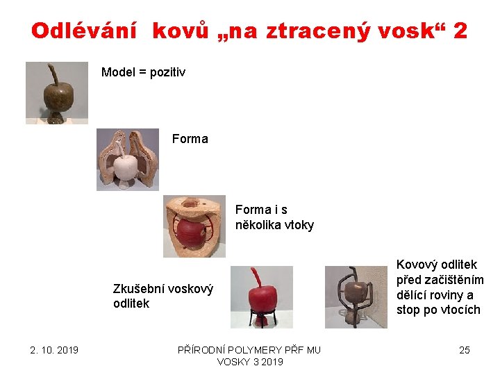 Odlévání kovů „na ztracený vosk“ 2 Model = pozitiv Forma i s několika vtoky