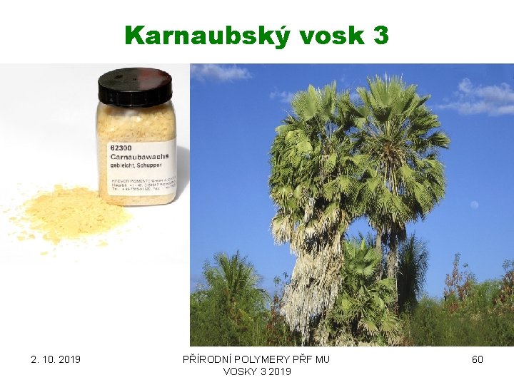 Karnaubský vosk 3 2. 10. 2019 PŘÍRODNÍ POLYMERY PŘF MU VOSKY 3 2019 60 Karnaubský vosk 3 2. 10. 2019 PŘÍRODNÍ POLYMERY PŘF MU VOSKY 3 2019 60