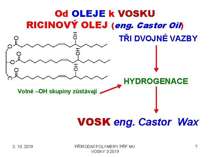 Od OLEJE k VOSKU RICINOVÝ OLEJ (eng. Castor Oil) TŘI DVOJNÉ VAZBY HYDROGENACE Volné