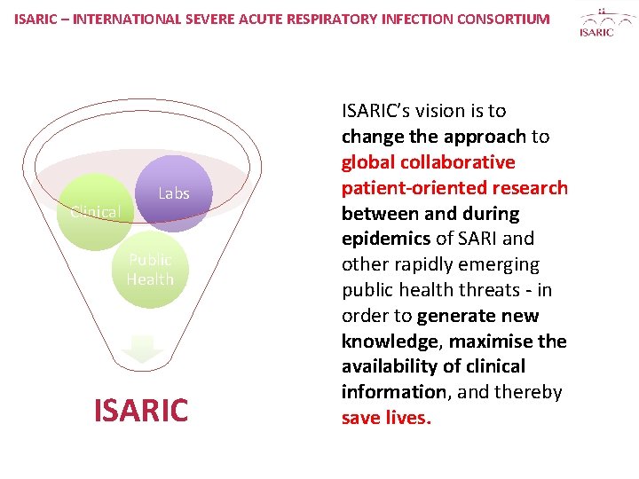ISARIC – INTERNATIONAL SEVERE ACUTE RESPIRATORY INFECTION CONSORTIUM Clinical Labs Public Health ISARIC’s vision