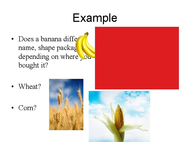 Example • Does a banana differ in name, shape packaging depending on where you