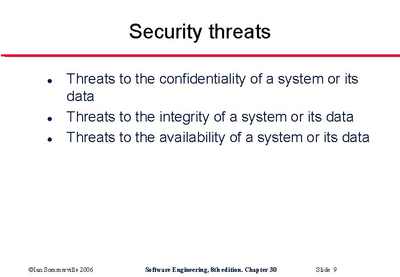 Security threats l l l Threats to the confidentiality of a system or its