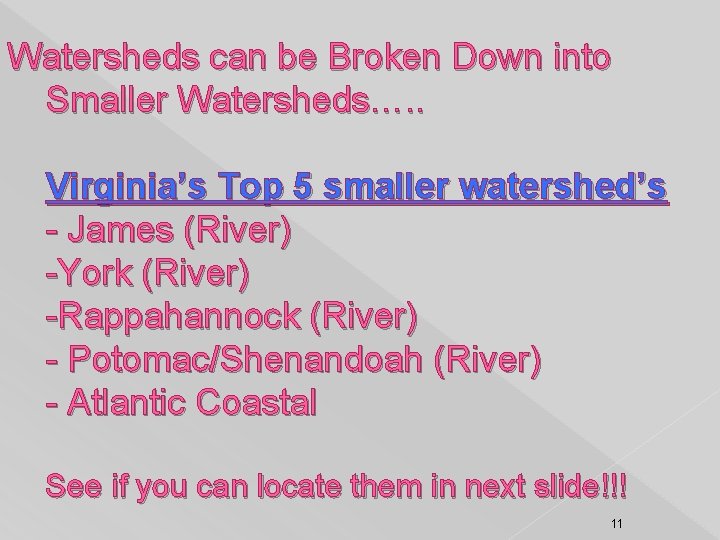 Watersheds can be Broken Down into Smaller Watersheds…. . Virginia’s Top 5 smaller watershed’s Watersheds can be Broken Down into Smaller Watersheds…. . Virginia’s Top 5 smaller watershed’s