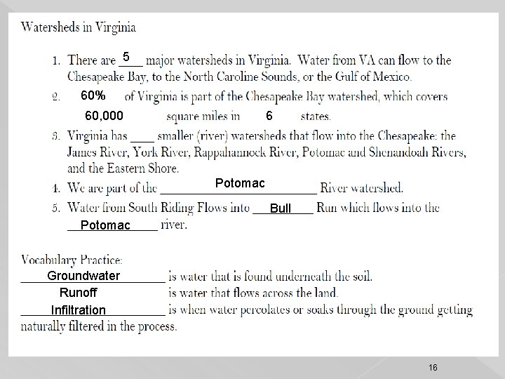 5 60% 60, 000 6 Potomac Bull Potomac Groundwater Runoff Infiltration 16 5 60% 60, 000 6 Potomac Bull Potomac Groundwater Runoff Infiltration 16