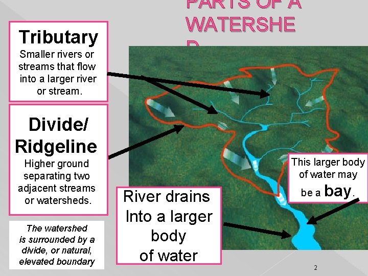 Tributary Smaller rivers or streams that flow into a larger river or stream. PARTS Tributary Smaller rivers or streams that flow into a larger river or stream. PARTS