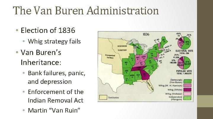 The Van Buren Administration • Election of 1836 • Whig strategy fails • Van