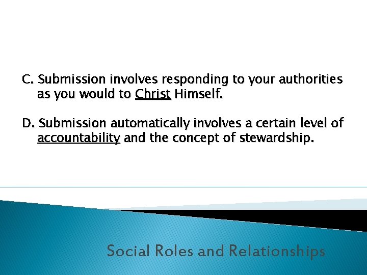 C. Submission involves responding to your authorities as you would to Christ Himself. D.