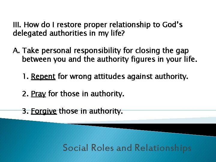 III. How do I restore proper relationship to God’s delegated authorities in my life?