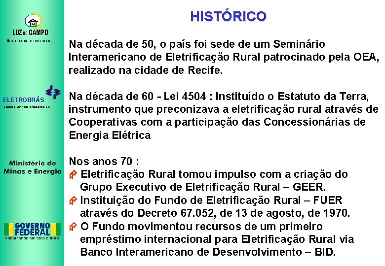 HISTÓRICO LUZ NO CAMPO Mudando o campo da noite para o dia. ELETROBRÁS Centrais