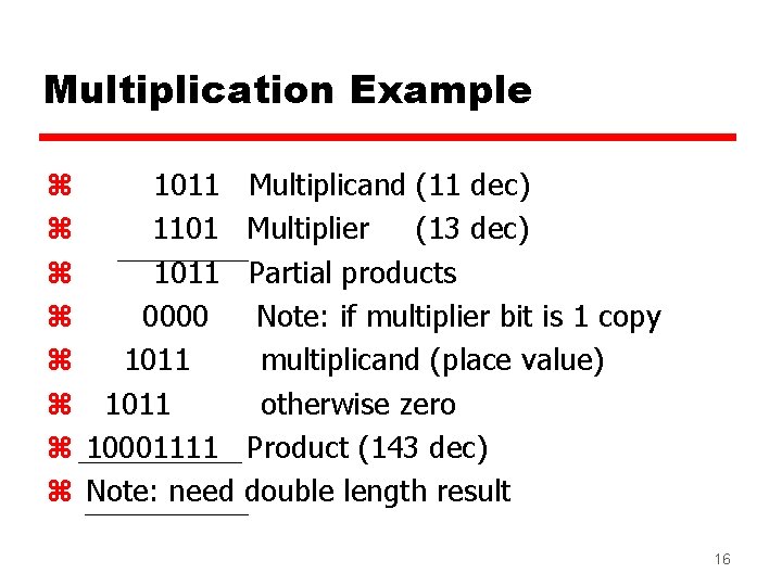 Multiplication Example z 1011 z 1101 z 1011 z 0000 z 1011 z 10001111