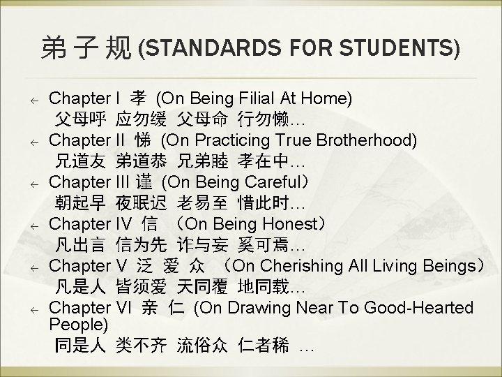 弟 子 规 (STANDARDS FOR STUDENTS) ß ß ß Chapter I 孝 (On Being