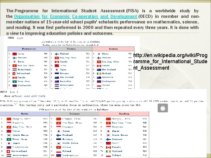 The Programme for International Student Assessment (PISA) is a worldwide study by the Organisation