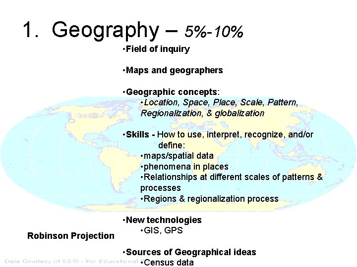 1. Geography – 5%-10% • Field of inquiry • Maps and geographers • Geographic