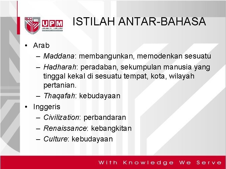 ISTILAH ANTAR-BAHASA • Arab – Maddana: membangunkan, memodenkan sesuatu – Hadharah: peradaban, sekumpulan manusia