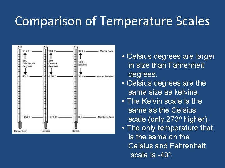 Comparison of Temperature Scales • Celsius degrees are larger in size than Fahrenheit degrees.