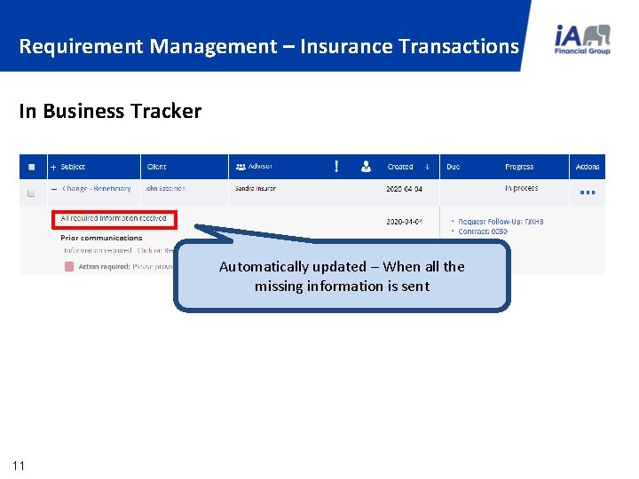 Requirement Management – Insurance Transactions Requirements management – Insurance Transactions In Business Tracker– Insurance