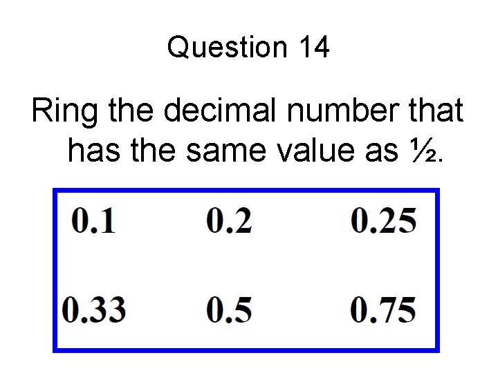 Question 14 Ring the decimal number that has the same value as ½. 