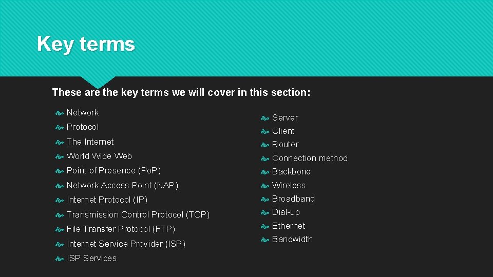 Key terms These are the key terms we will cover in this section: Network