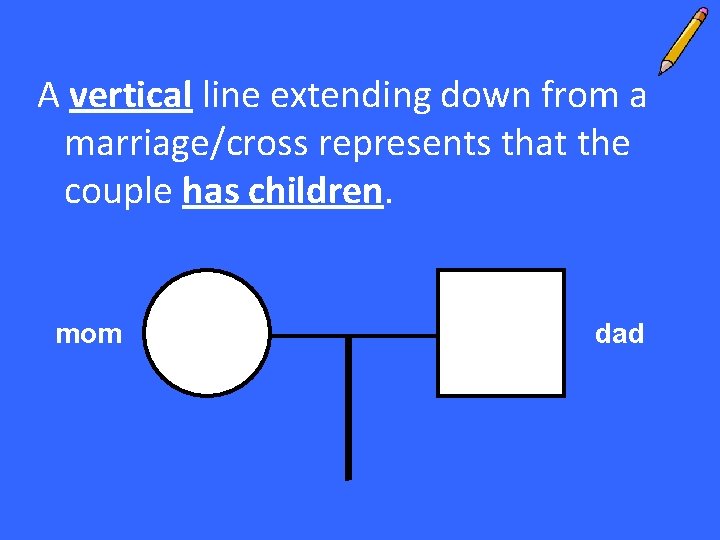 A vertical line extending down from a marriage/cross represents that the couple has children.