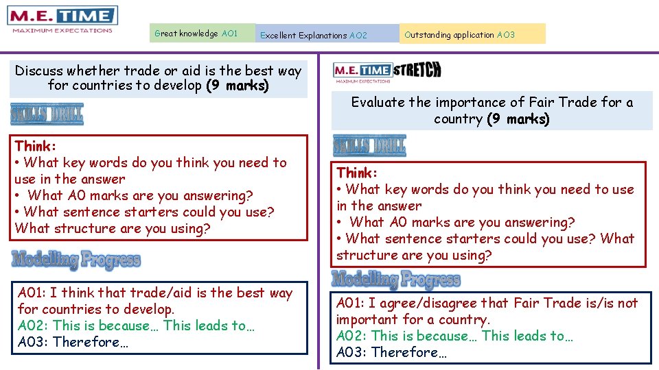 Great knowledge AO 1 Excellent Explanations AO 2 Discuss whether trade or aid is
