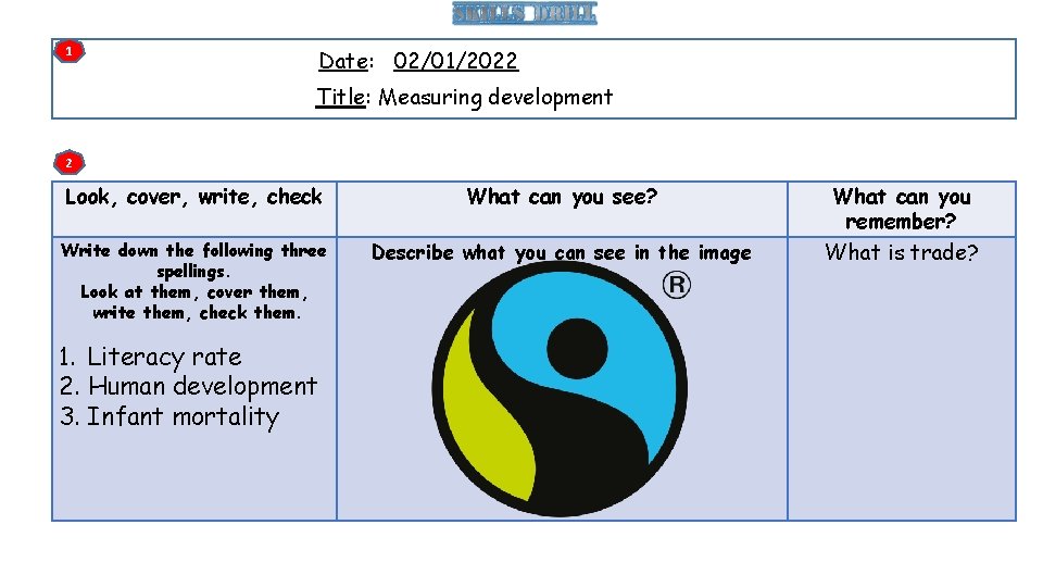 1 Date: 02/01/2022 Title: Measuring development 2 Look, cover, write, check What can you