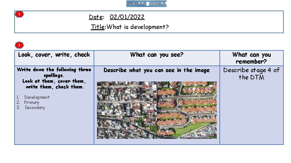 1 Date: 02/01/2022 Title: What is development? 2 Look, cover, write, check What can