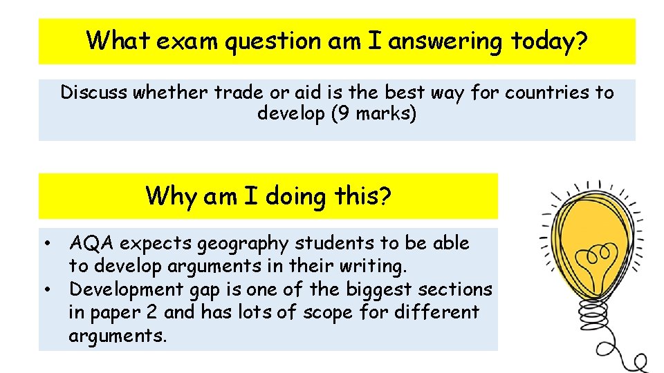 What exam question am I answering today? Discuss whether trade or aid is the