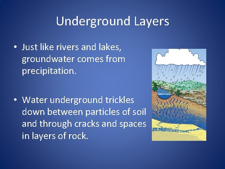 Underground Layers • Just like rivers and lakes, groundwater comes from precipitation. • Water