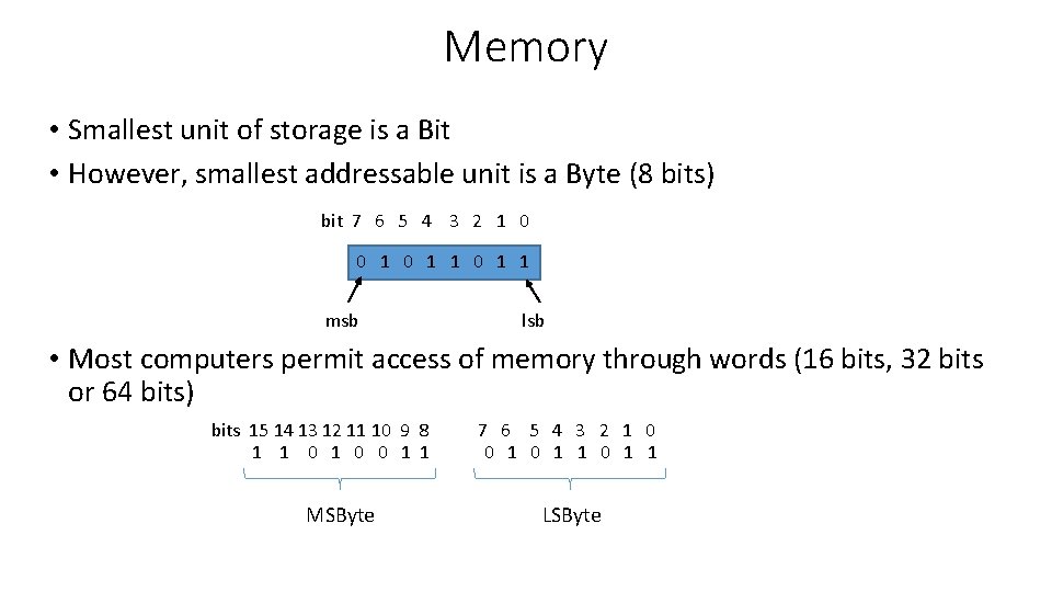 Memory • Smallest unit of storage is a Bit • However, smallest addressable unit